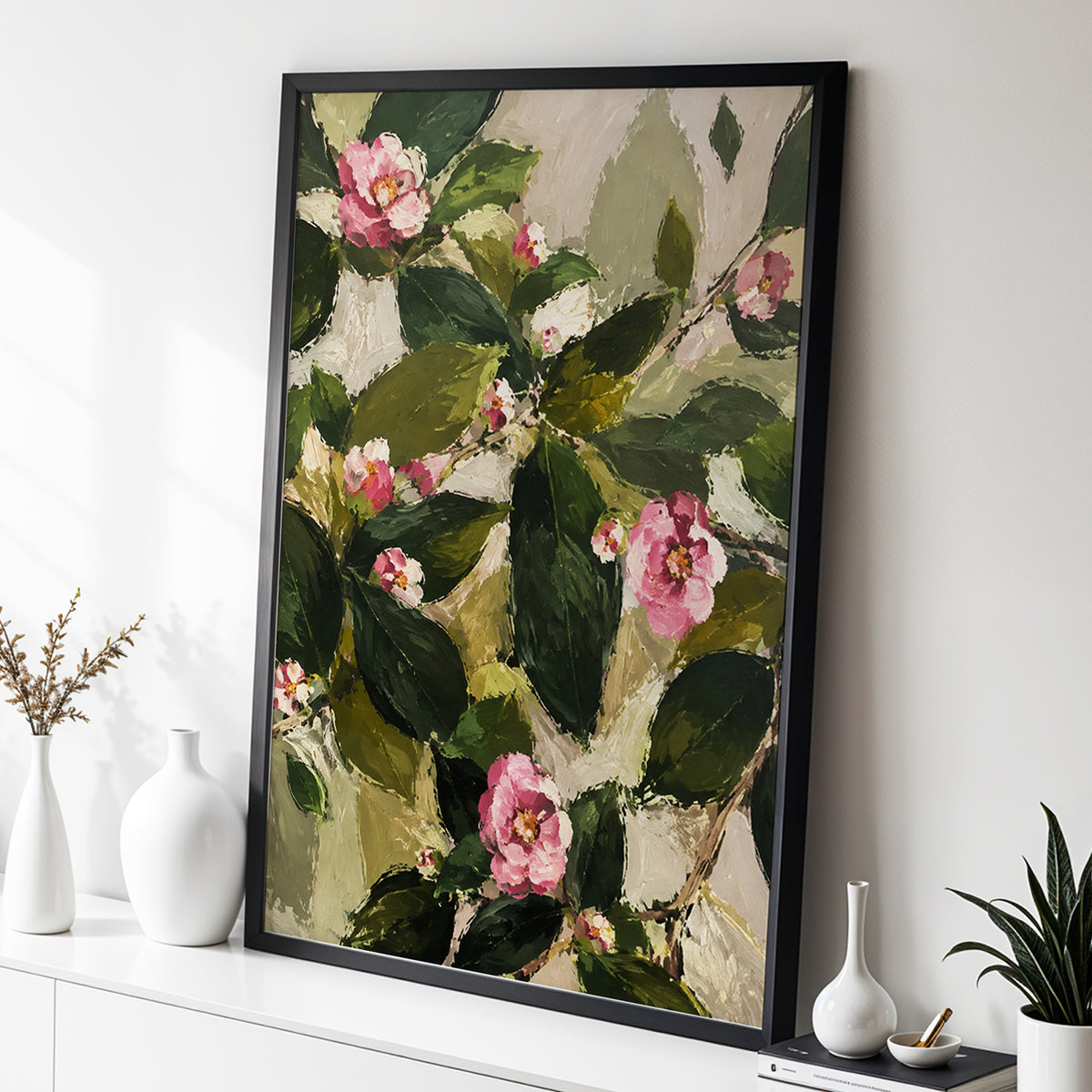 Blush Among the Leaves, green, pink, beige floral wall art displayed in a styled interior, gallery view 9