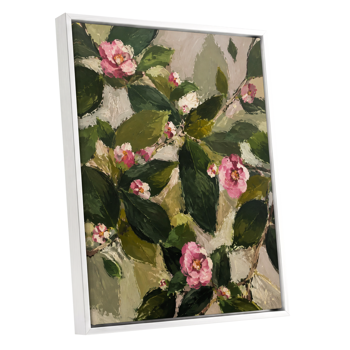 Blush Among the Leaves, green, pink, beige floral wall art shown as a white framed canvas wall art