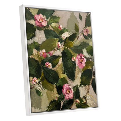 Blush Among the Leaves, green, pink, beige floral wall art shown as a white framed canvas wall art
