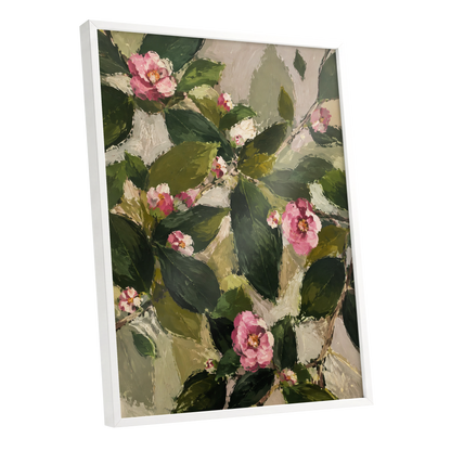 Blush Among the Leaves, green, pink, beige floral wall art shown as a white framed poster wall art print