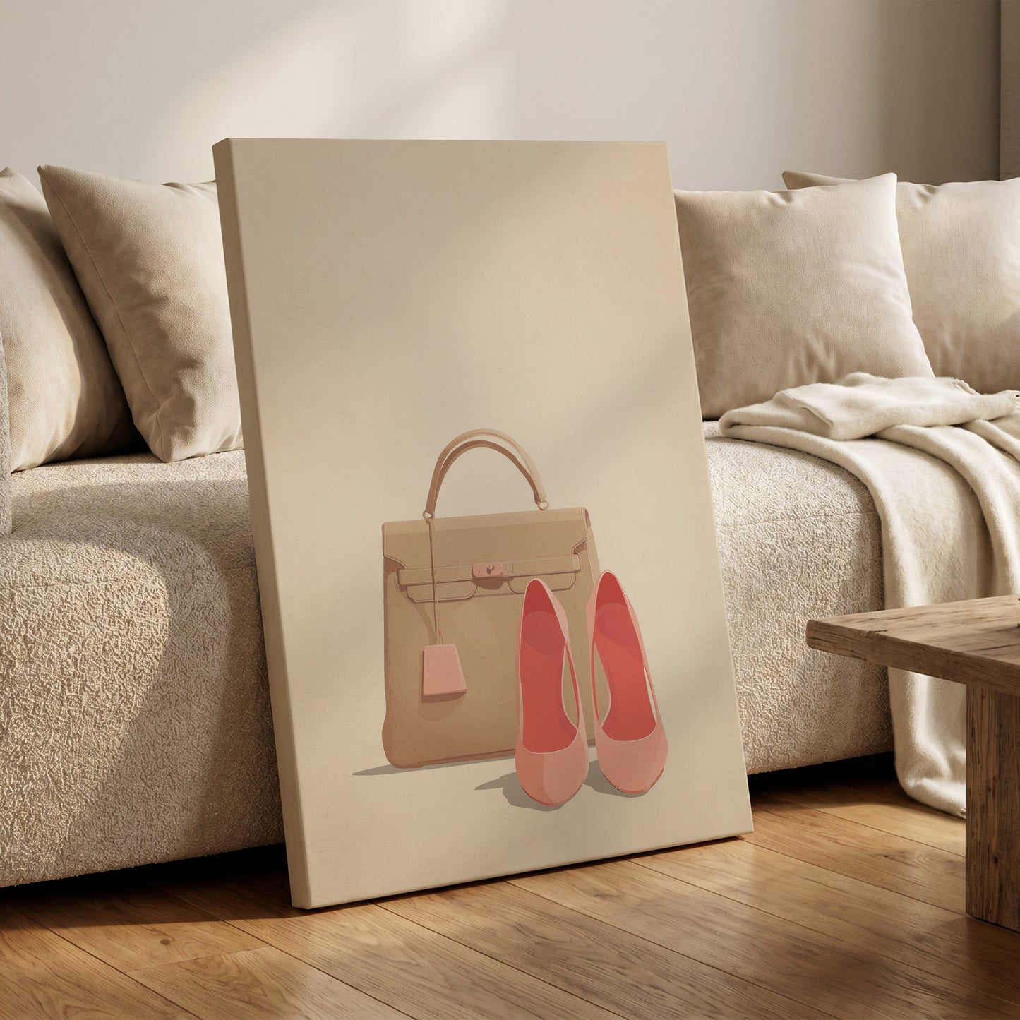 Blush & Biscuit, beige, pink, brown minimalist wall art on canvas displayed in a styled interior, gallery view 1