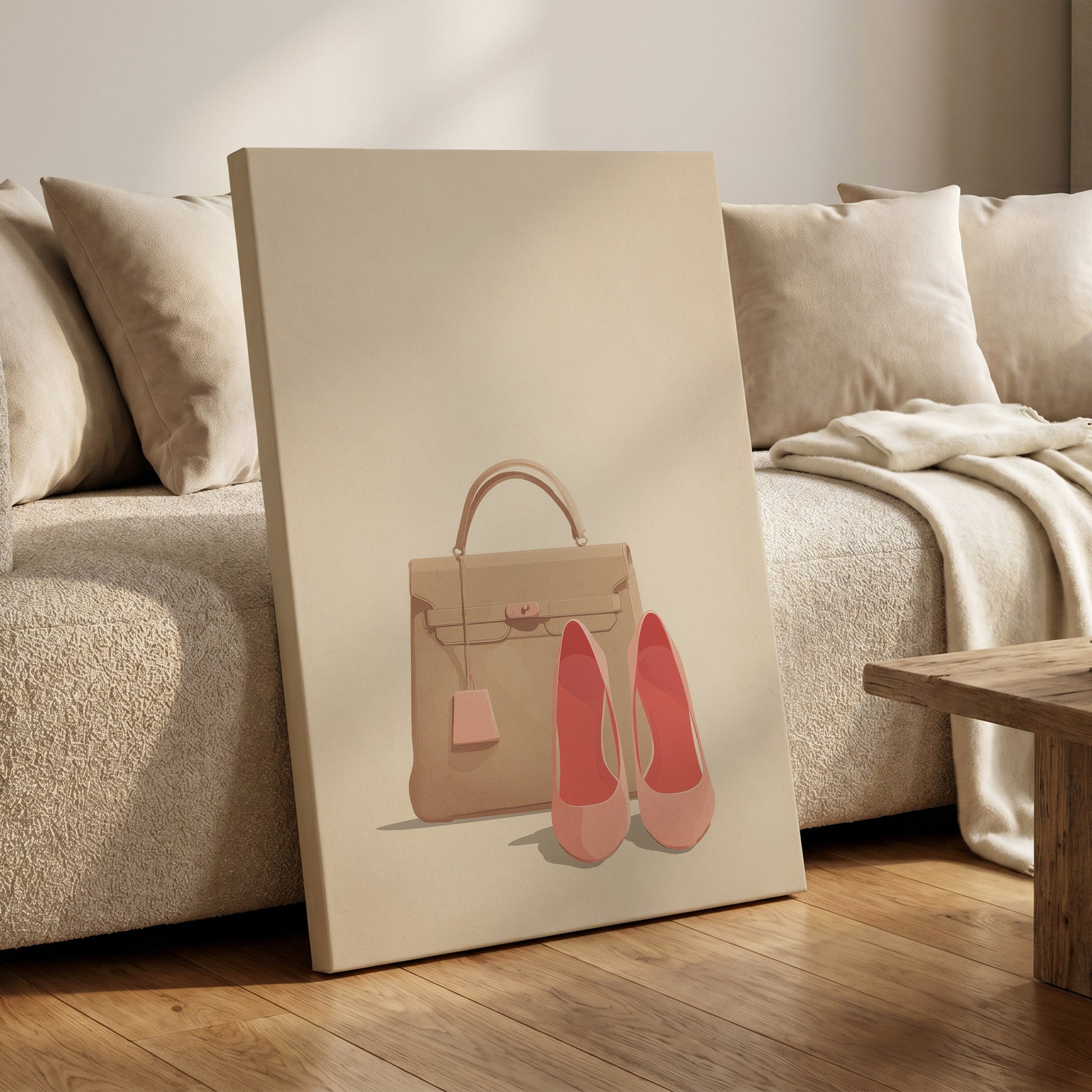 Blush & Biscuit, beige, pink, brown minimalist wall art on canvas displayed in a styled interior, gallery view 1