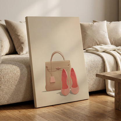 Blush & Biscuit, beige, pink, brown minimalist wall art on canvas displayed in a styled interior, gallery view 1
