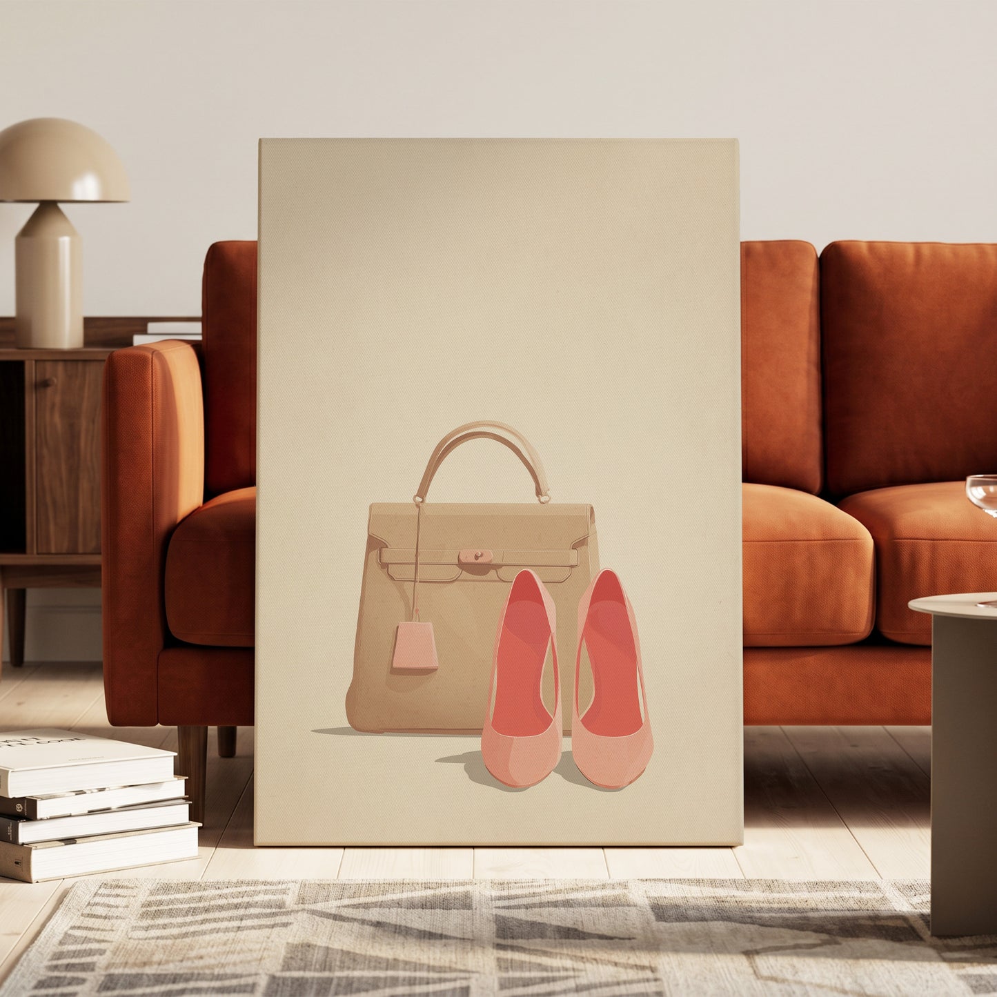 Blush & Biscuit, beige, pink, brown minimalist wall art on canvas displayed in a styled interior, gallery view 2