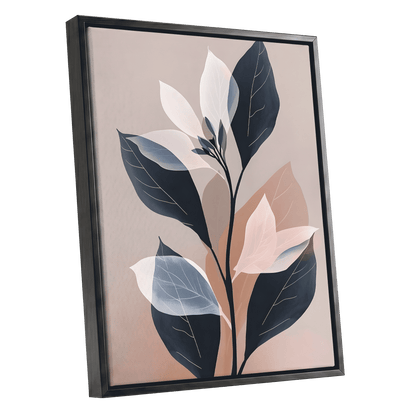 Blush and Midnight Leaves, black, beige, pink nature wall art shown as a black framed canvas wall art