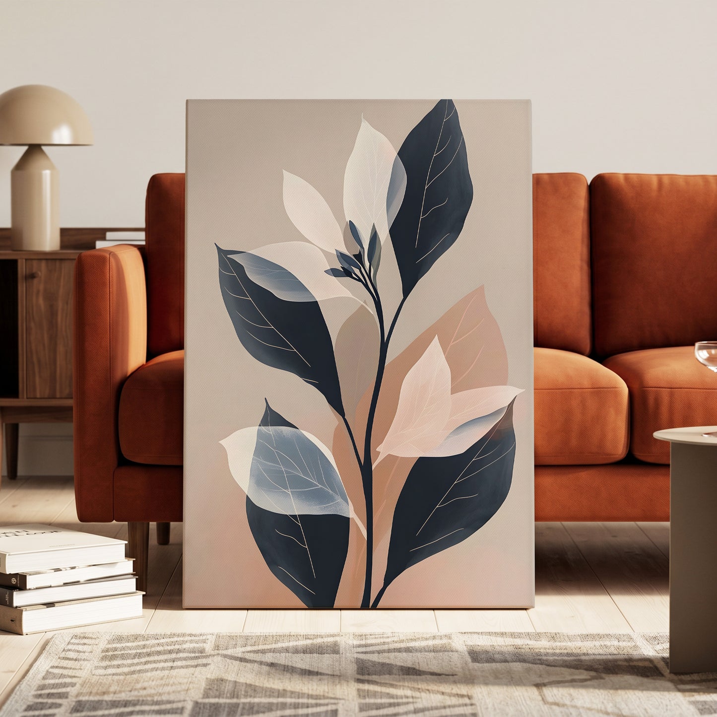 Blush and Midnight Leaves, black, beige, pink nature wall art on canvas displayed in a styled interior, gallery view 1