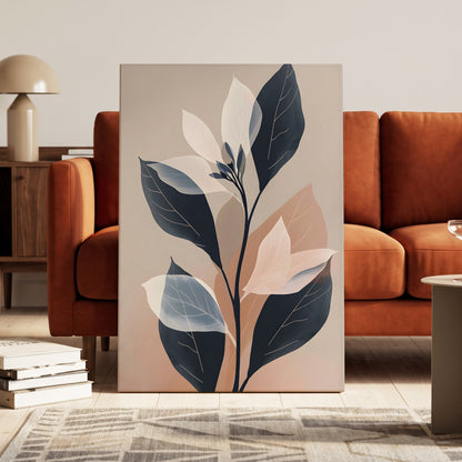 Blush and Midnight Leaves, black, beige, pink nature wall art on canvas displayed in a styled interior, gallery view 1