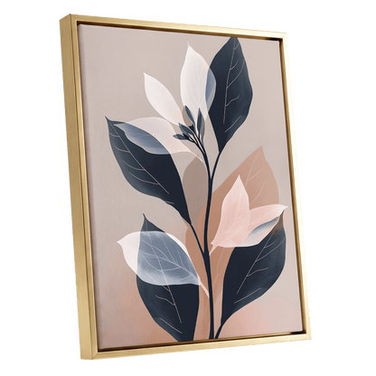 Blush and Midnight Leaves, black, beige, pink nature wall art shown as a gold framed canvas wall art