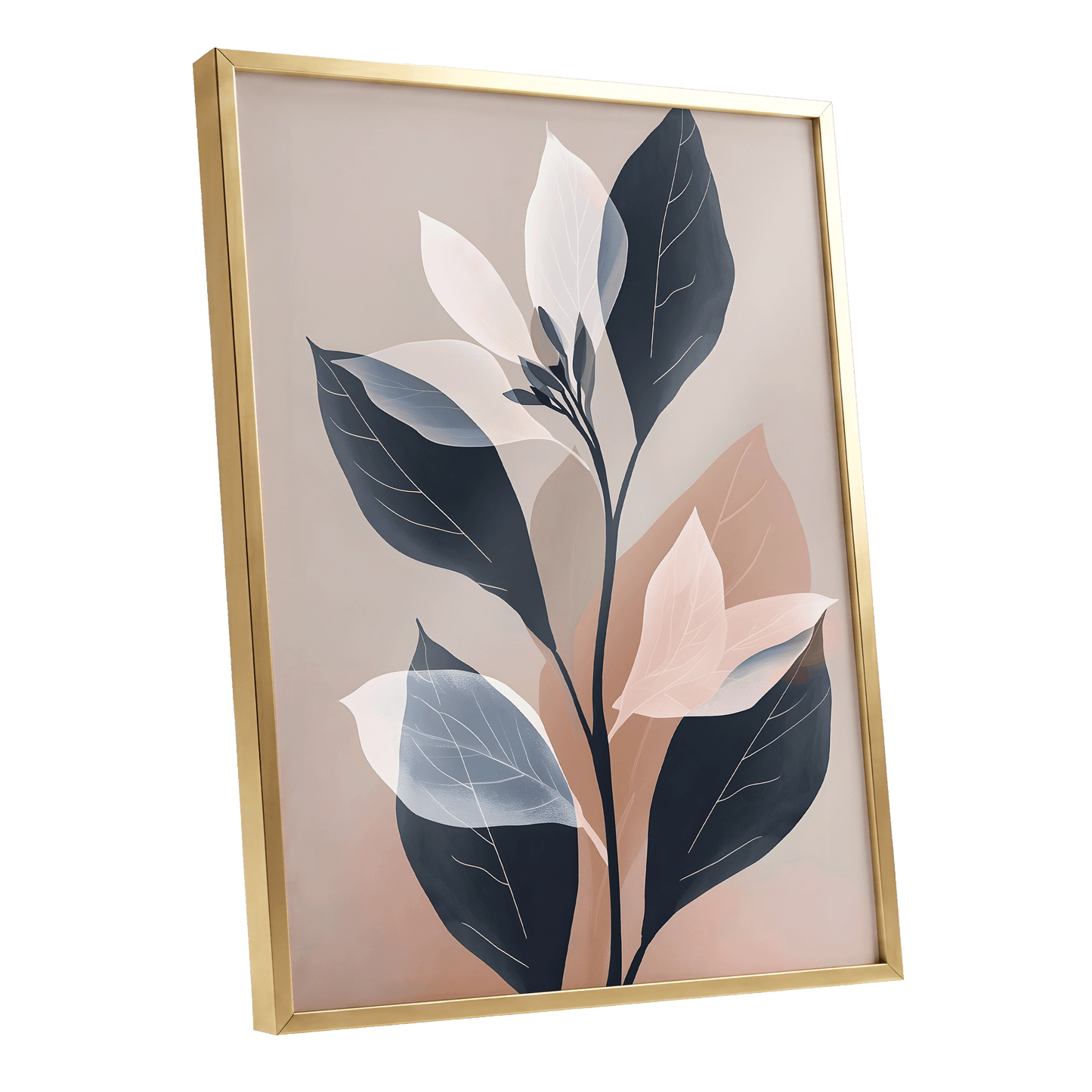 Blush and Midnight Leaves, black, beige, pink nature wall art shown as a gold framed poster wall art print