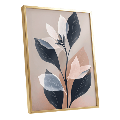Blush and Midnight Leaves, black, beige, pink nature wall art shown as a gold framed poster wall art print