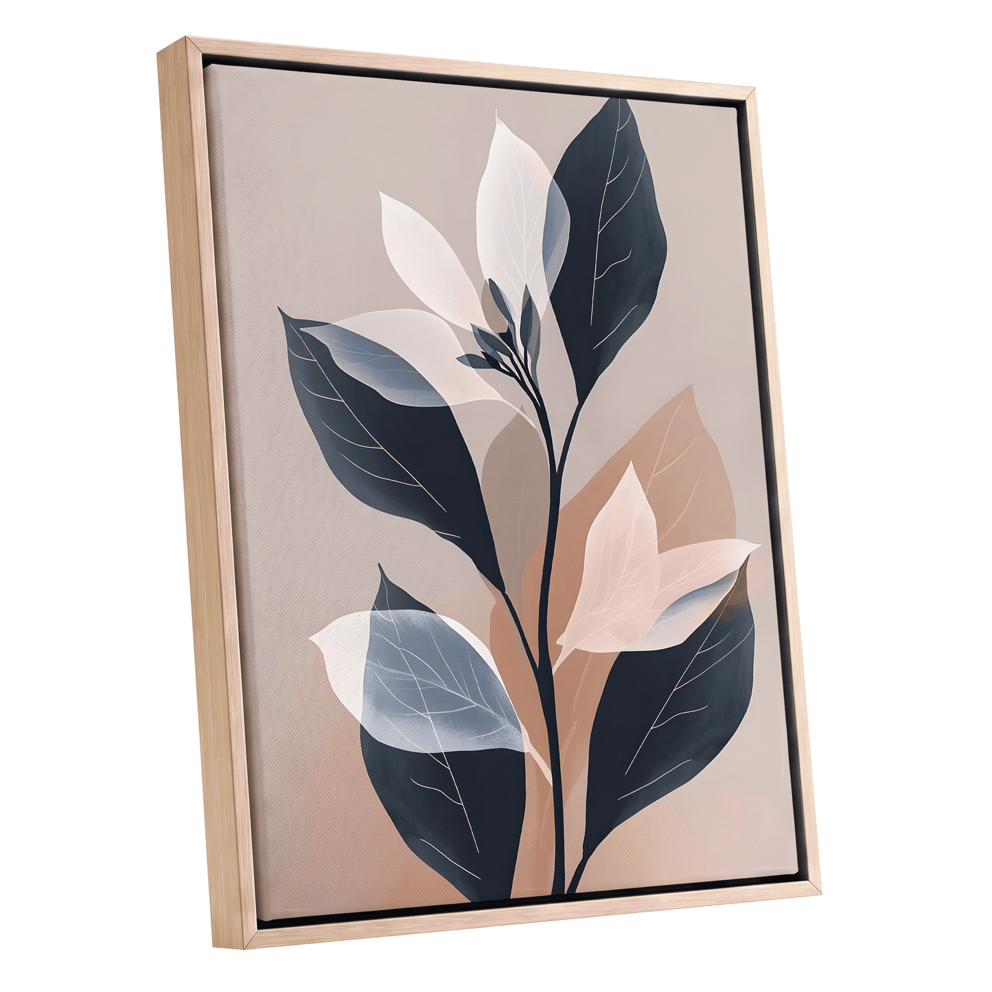 Blush and Midnight Leaves, black, beige, pink nature wall art shown as a oak framed canvas wall art