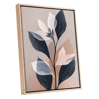 Blush and Midnight Leaves, black, beige, pink nature wall art shown as a oak framed canvas wall art