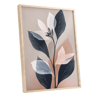 Blush and Midnight Leaves, black, beige, pink nature wall art shown as a oak framed poster wall art print