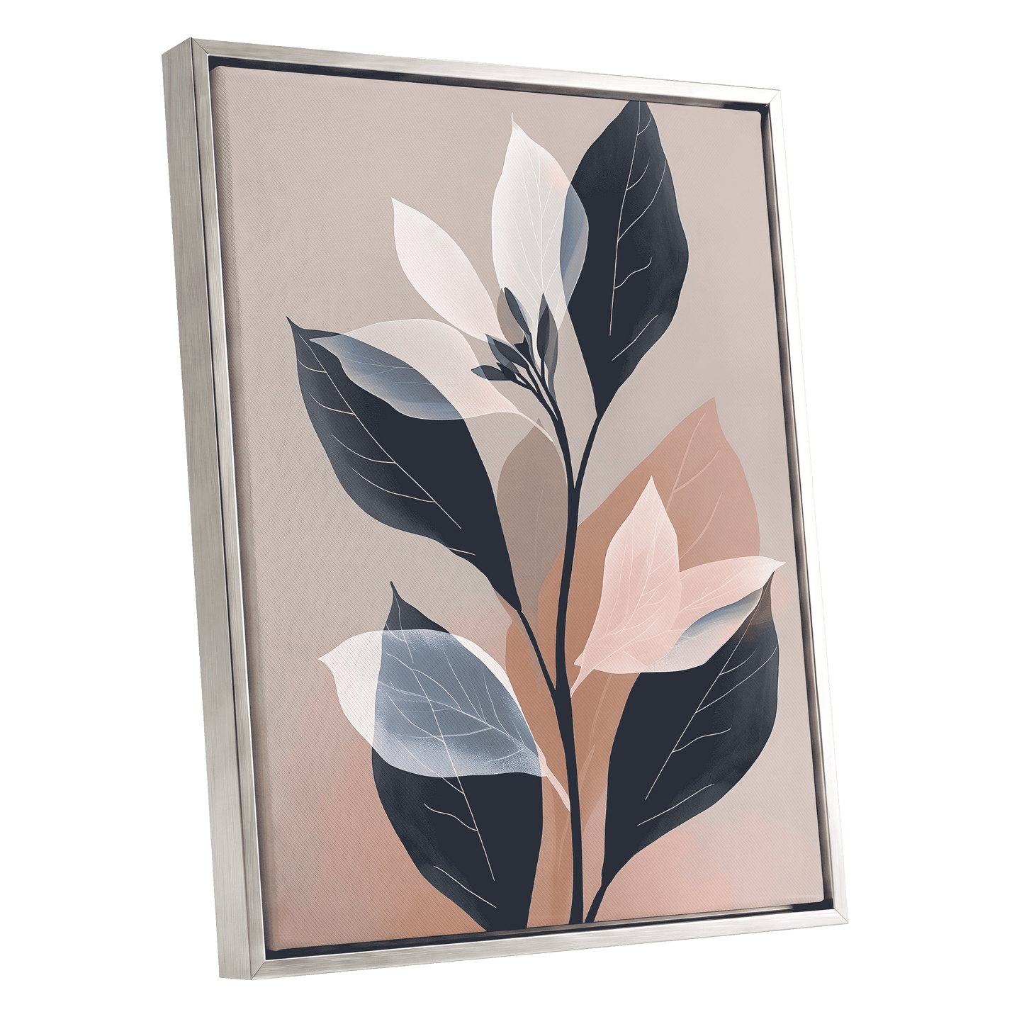 Blush and Midnight Leaves, black, beige, pink nature wall art shown as a silver framed canvas wall art