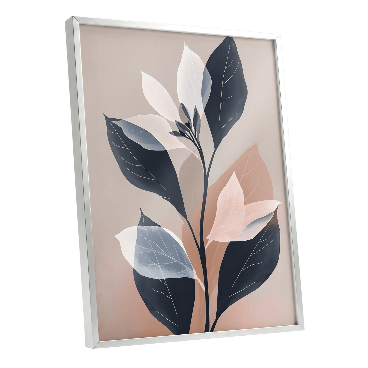 Blush and Midnight Leaves, black, beige, pink nature wall art shown as a silver framed poster wall art print