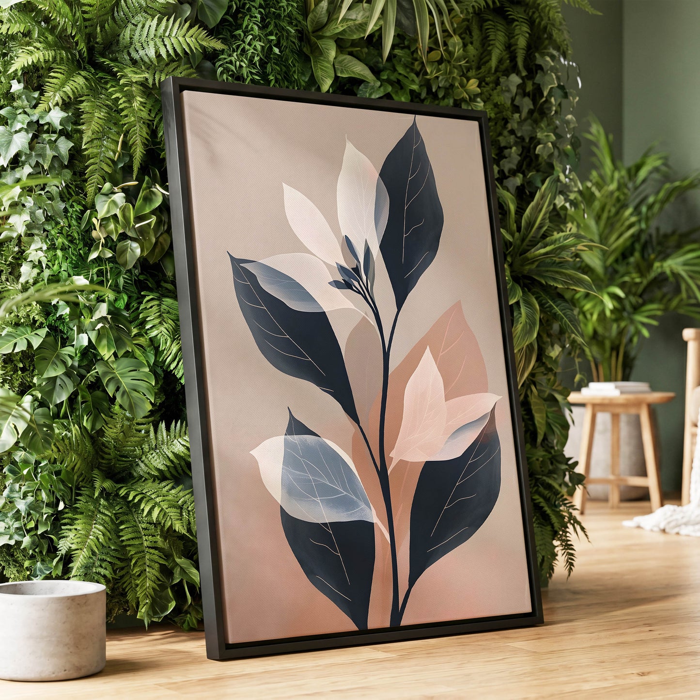 Blush and Midnight Leaves, black, beige, pink nature wall art displayed in a styled interior, gallery view 1