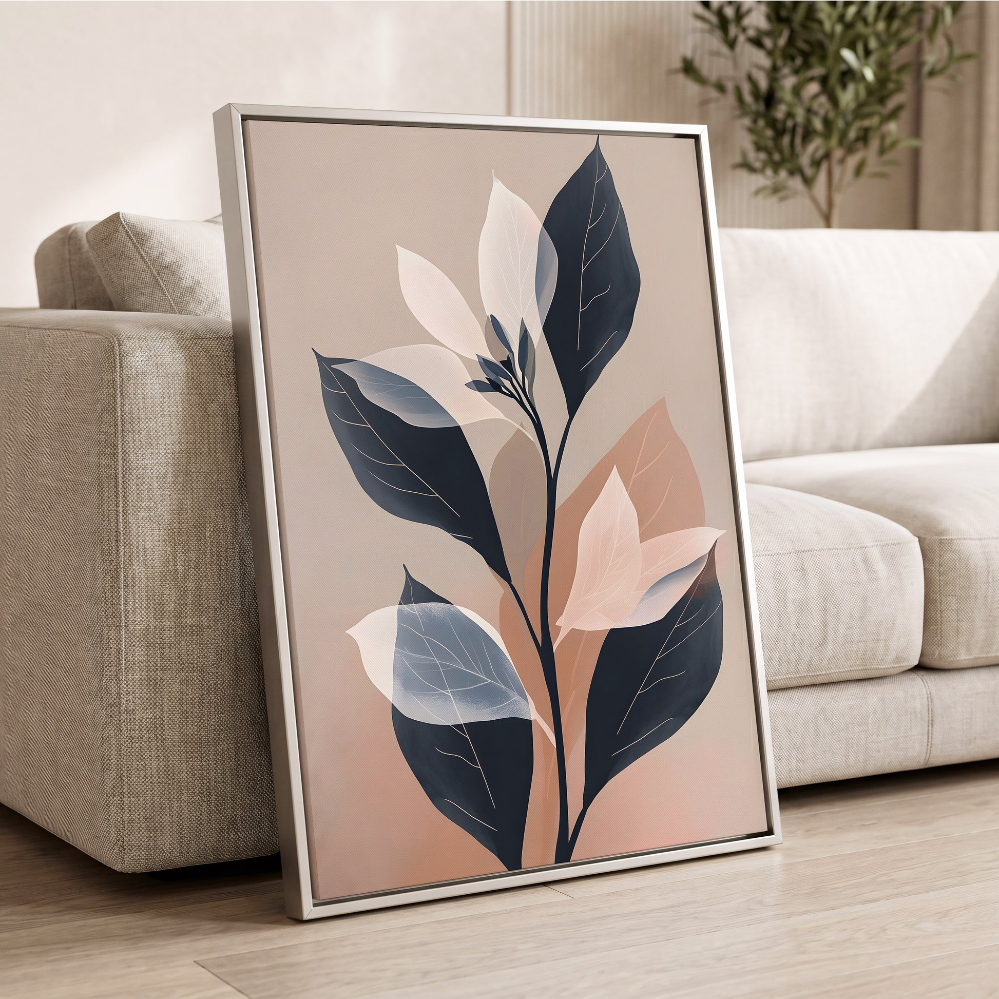 Blush and Midnight Leaves, black, beige, pink nature wall art displayed in a styled interior, gallery view 2