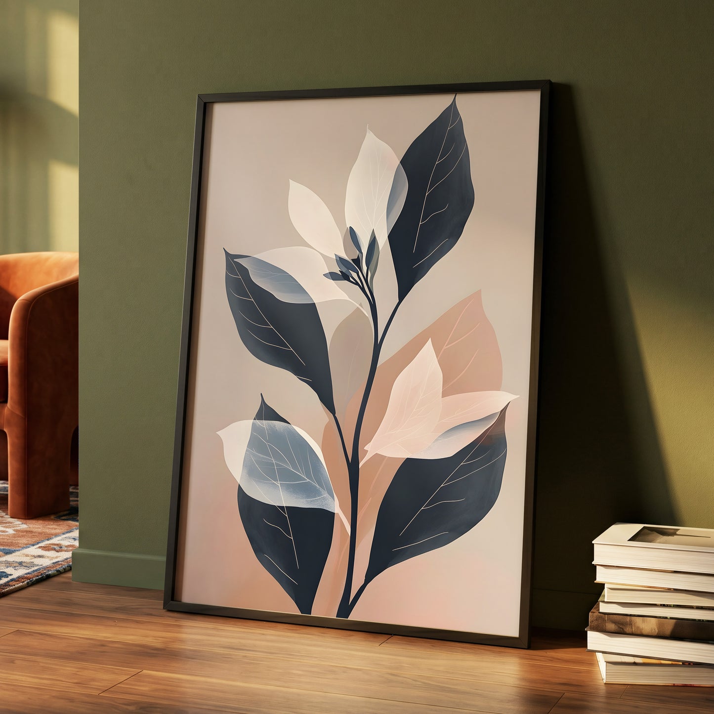 Blush and Midnight Leaves, black, beige, pink nature wall art displayed in a styled interior, gallery view 4