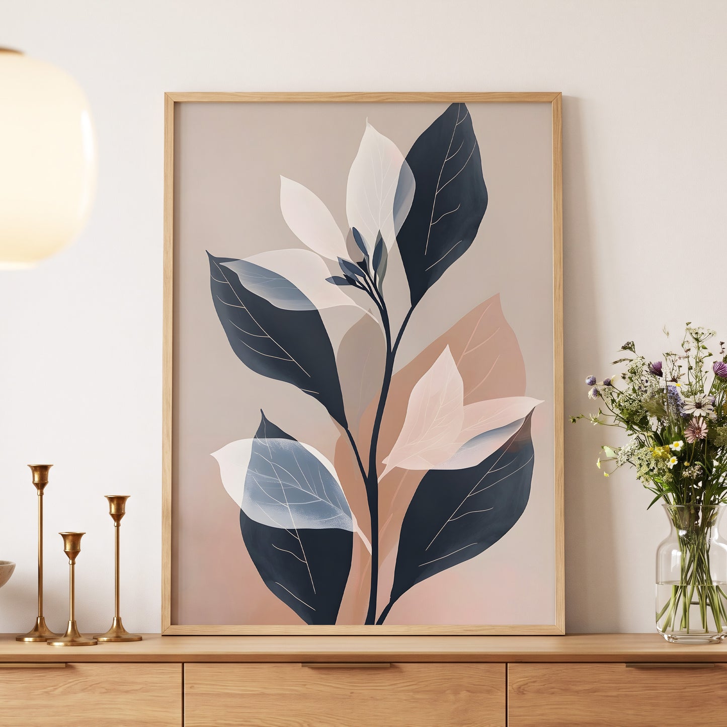 Blush and Midnight Leaves, black, beige, pink nature wall art displayed in a styled interior, gallery view 5