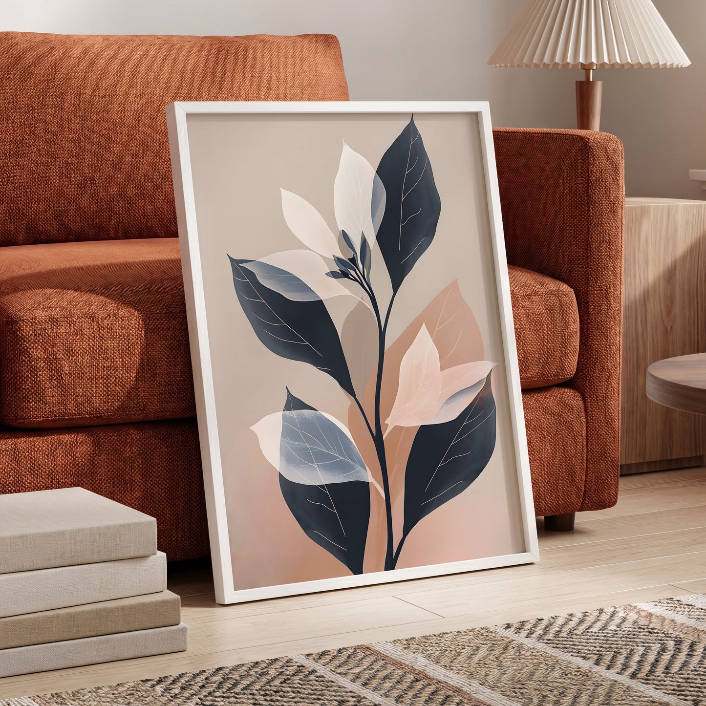 Blush and Midnight Leaves, black, beige, pink nature wall art displayed in a styled interior, gallery view 6