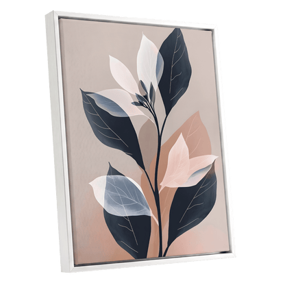 Blush and Midnight Leaves, black, beige, pink nature wall art shown as a white framed canvas wall art