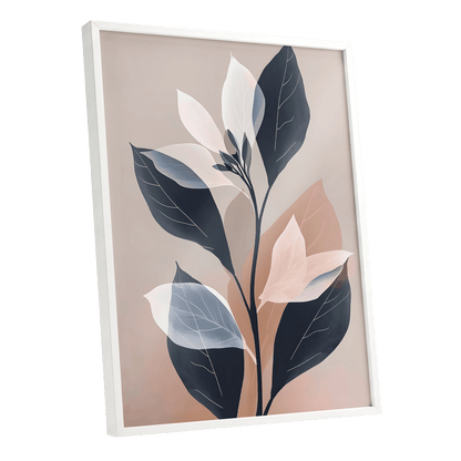 Blush and Midnight Leaves, black, beige, pink nature wall art shown as a white framed poster wall art print
