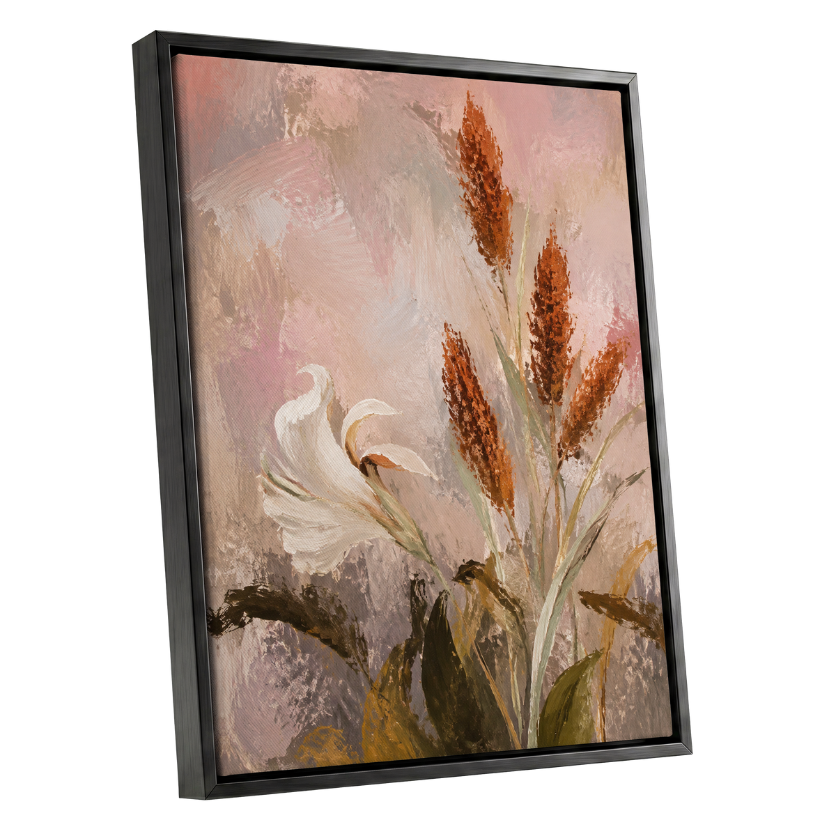 Blush and Russet Lily, pink, beige, white floral wall art shown as a black framed canvas wall art