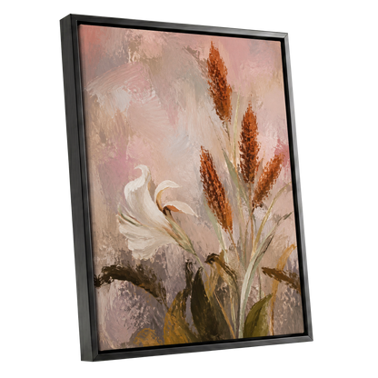 Blush and Russet Lily, pink, beige, white floral wall art shown as a black framed canvas wall art