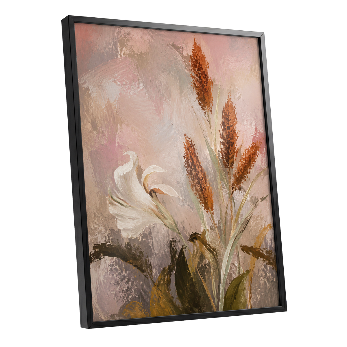 Blush and Russet Lily, pink, beige, white floral wall art shown as a black framed poster wall art print