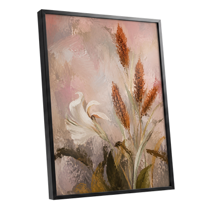 Blush and Russet Lily, pink, beige, white floral wall art shown as a black framed poster wall art print
