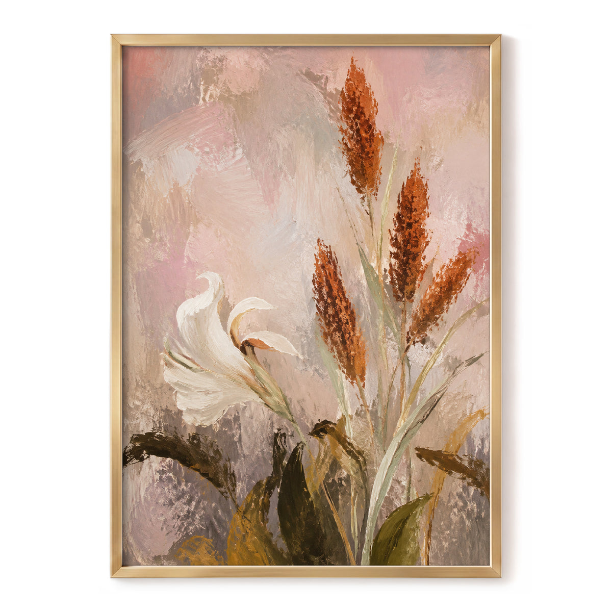 Blush and Russet Lily, pink, beige, white floral wall art, front artwork view