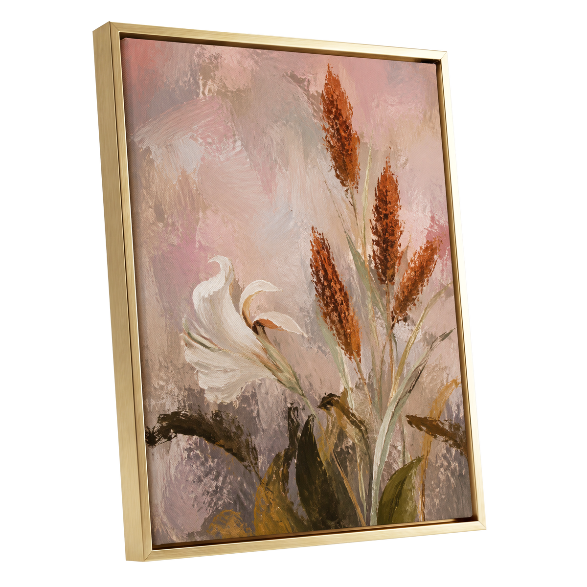 Blush and Russet Lily, pink, beige, white floral wall art shown as a gold framed canvas wall art
