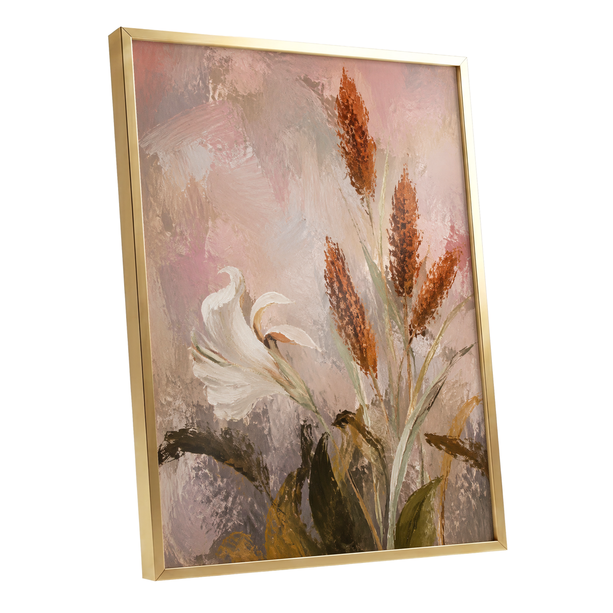 Blush and Russet Lily, pink, beige, white floral wall art shown as a gold framed poster wall art print
