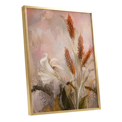 Blush and Russet Lily, pink, beige, white floral wall art shown as a gold framed poster wall art print