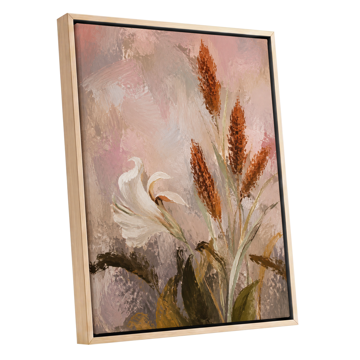 Blush and Russet Lily, pink, beige, white floral wall art shown as a oak framed canvas wall art