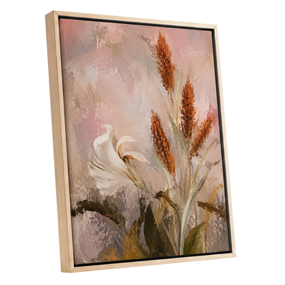 Blush and Russet Lily, pink, beige, white floral wall art shown as a oak framed canvas wall art