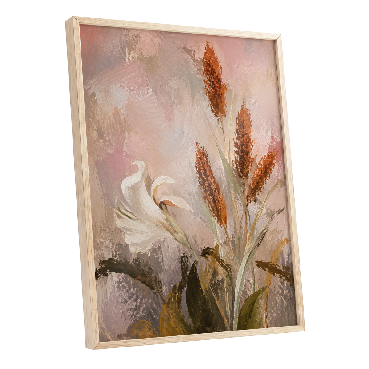 Blush and Russet Lily, pink, beige, white floral wall art shown as a oak framed poster wall art print