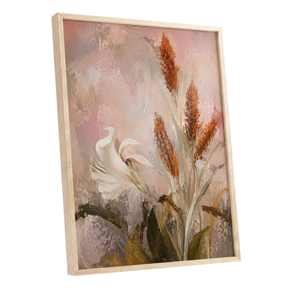 Blush and Russet Lily, pink, beige, white floral wall art shown as a oak framed poster wall art print