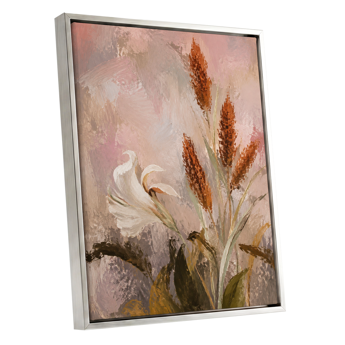 Blush and Russet Lily, pink, beige, white floral wall art shown as a silver framed canvas wall art