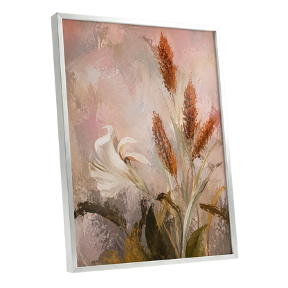 Blush and Russet Lily, pink, beige, white floral wall art shown as a silver framed poster wall art print