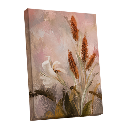 Blush and Russet Lily, pink, beige, white floral wall art shown as a stretched canvas wall art