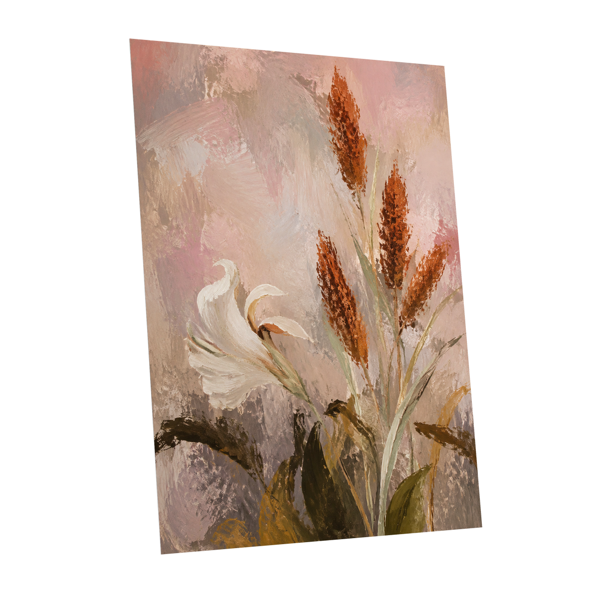 Blush and Russet Lily, pink, beige, white floral wall art shown as a unframed poster wall art print