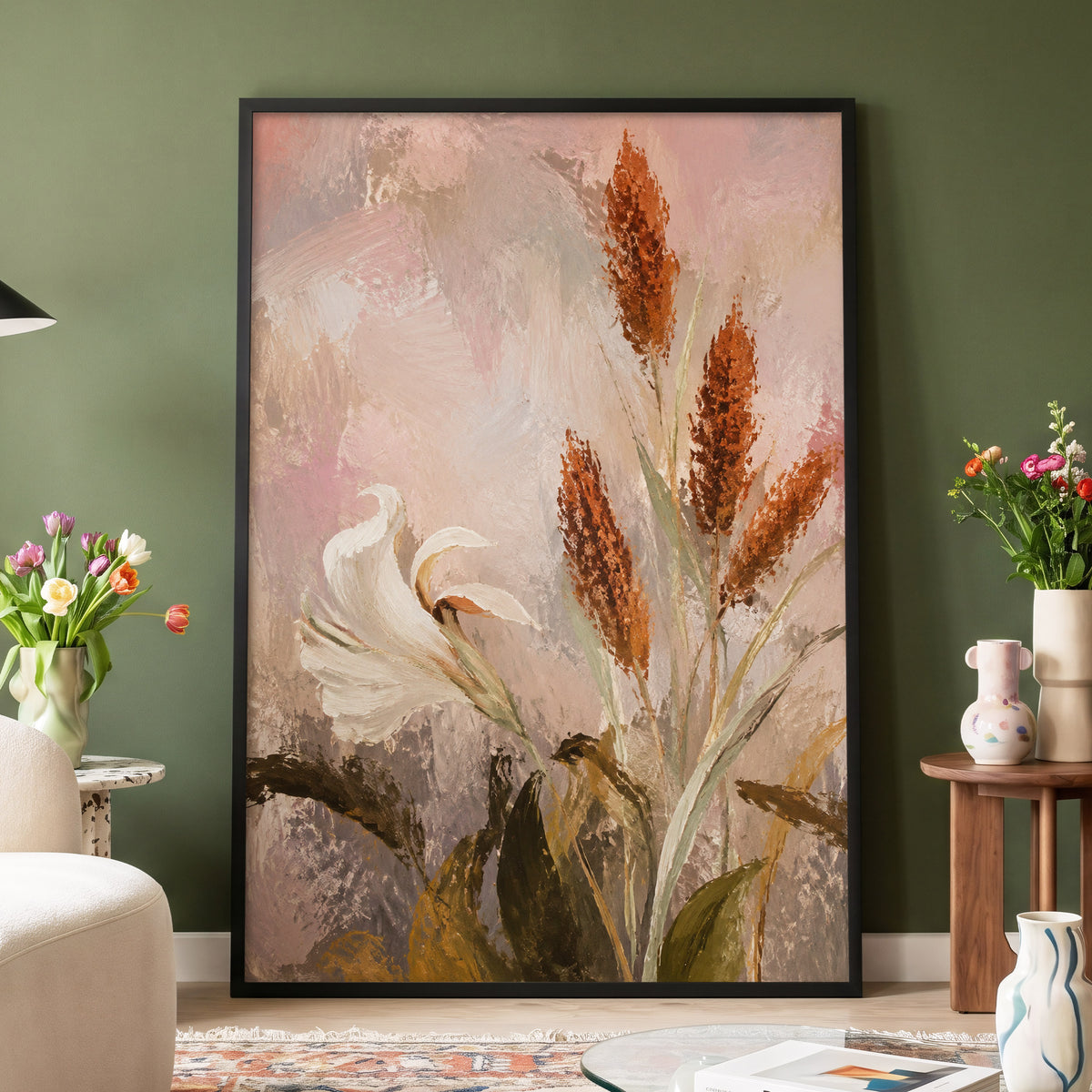 Blush and Russet Lily, pink, beige, white floral wall art displayed in a styled interior, gallery view 2