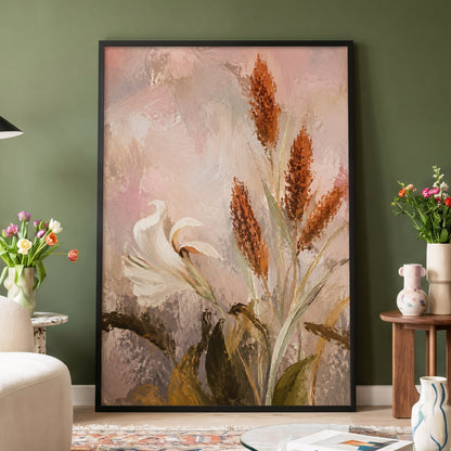 Blush and Russet Lily, pink, beige, white floral wall art displayed in a styled interior, gallery view 2
