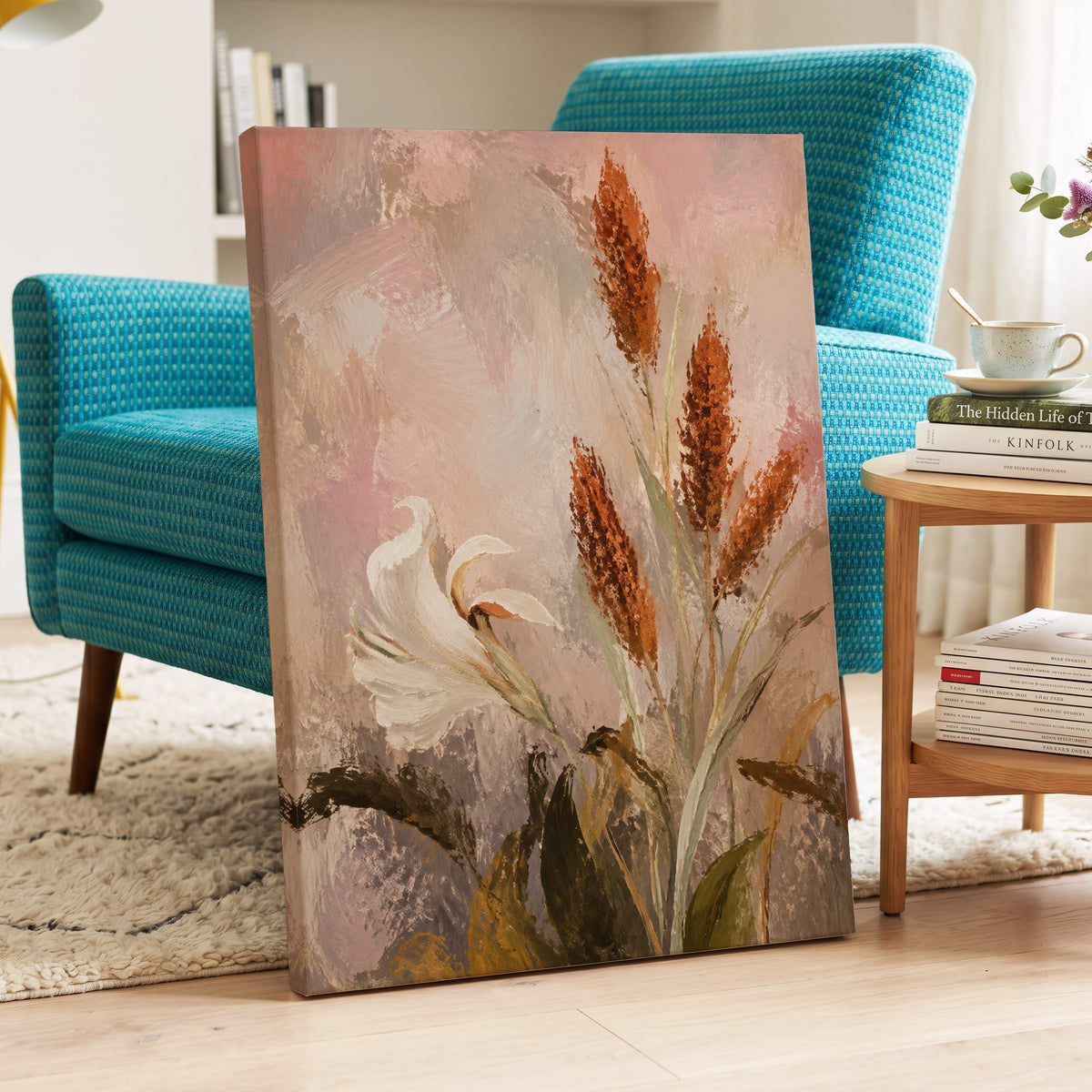 Blush and Russet Lily, pink, beige, white floral wall art displayed in a styled interior, gallery view 3