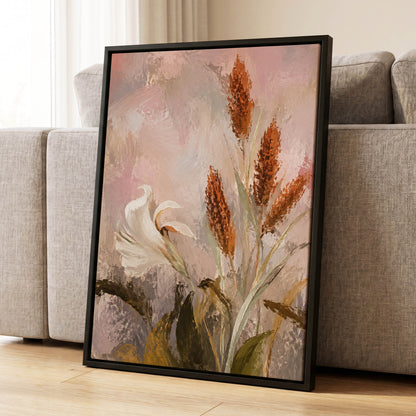 Blush and Russet Lily, pink, beige, white floral wall art displayed in a styled interior, gallery view 4