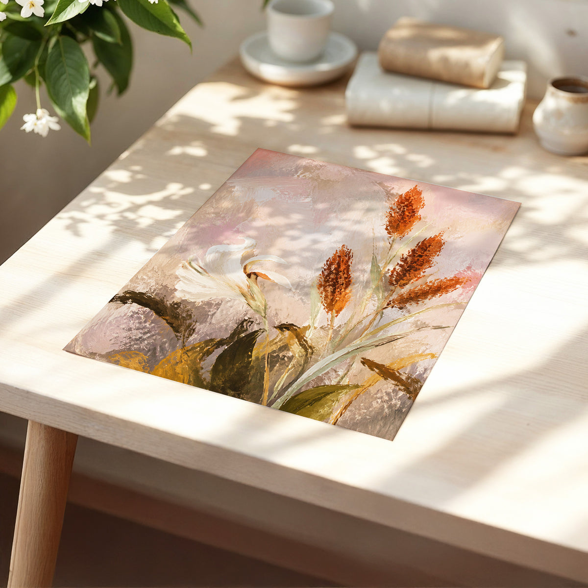 Blush and Russet Lily, pink, beige, white floral wall art displayed in a styled interior, gallery view 5