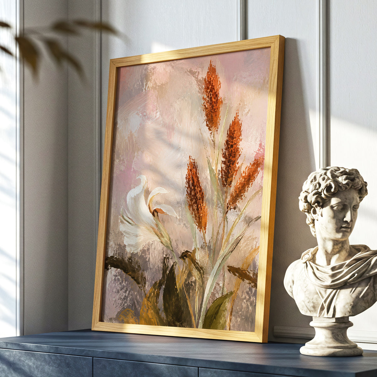 Blush and Russet Lily, pink, beige, white floral wall art displayed in a styled interior, gallery view 6