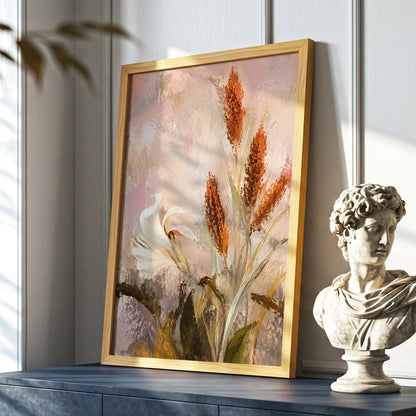 Blush and Russet Lily, pink, beige, white floral wall art displayed in a styled interior, gallery view 6