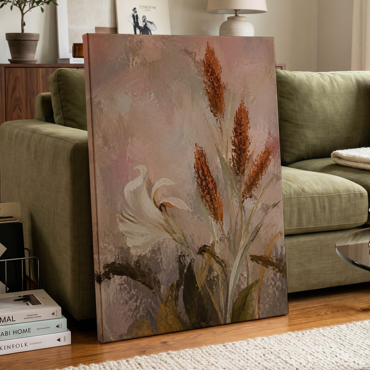 Blush and Russet Lily, pink, beige, white floral wall art displayed in a styled interior, gallery view 7